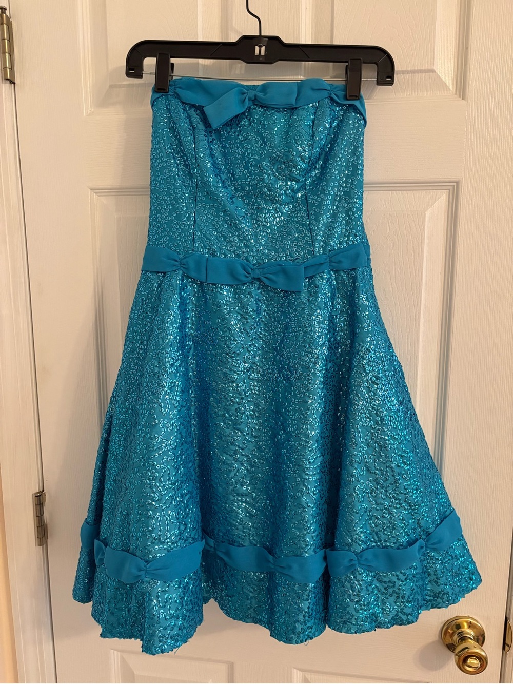 Betsey Johnson Teal Sequin Strapless Party Dress with Bows